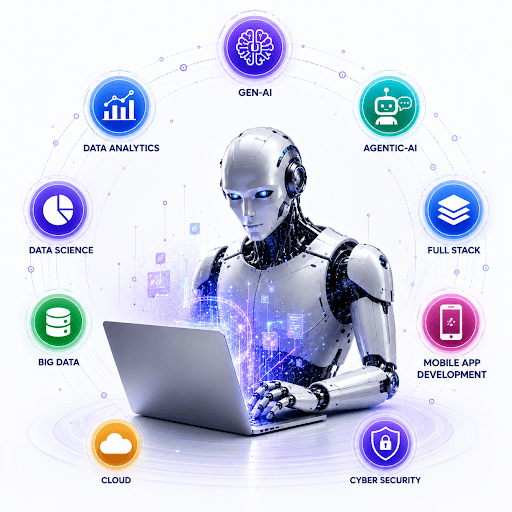 The disciplines CODiiN mentors: Gen-AI, Agentic AI, Full Stack, Data Science, Data Analytics, Big Data, Cloud, Mobile App Development and Cyber Security